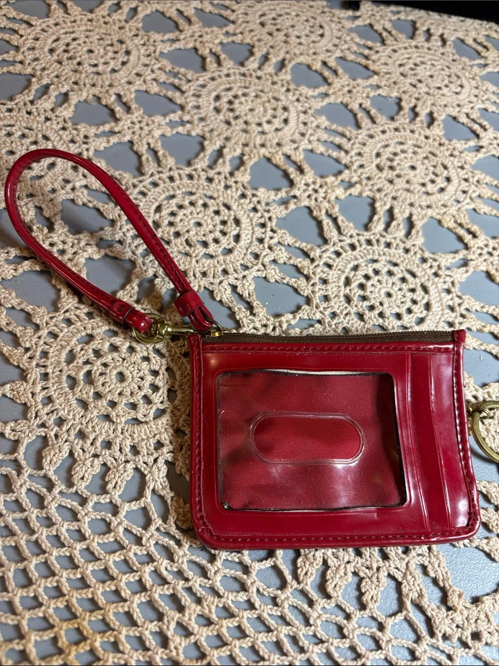 Card Tan Signature Canvas Case with Red Trim Wristlet